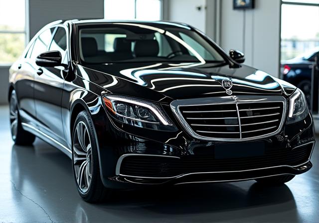 Shiny and reflective black sedan after detailing and wax.