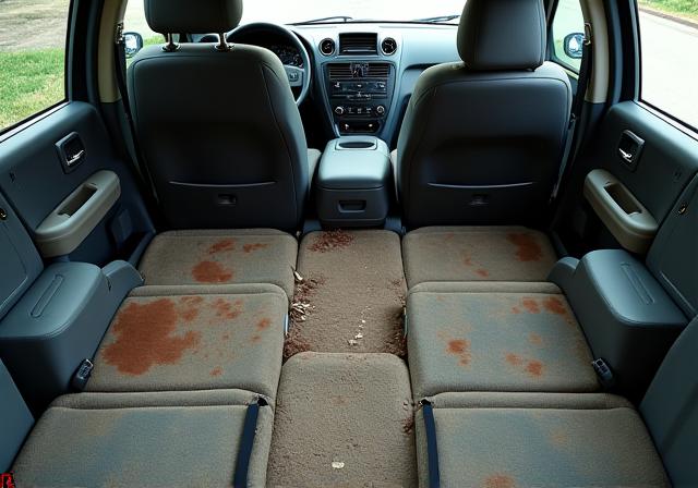 Stained and messy SUV interior before cleaning.
